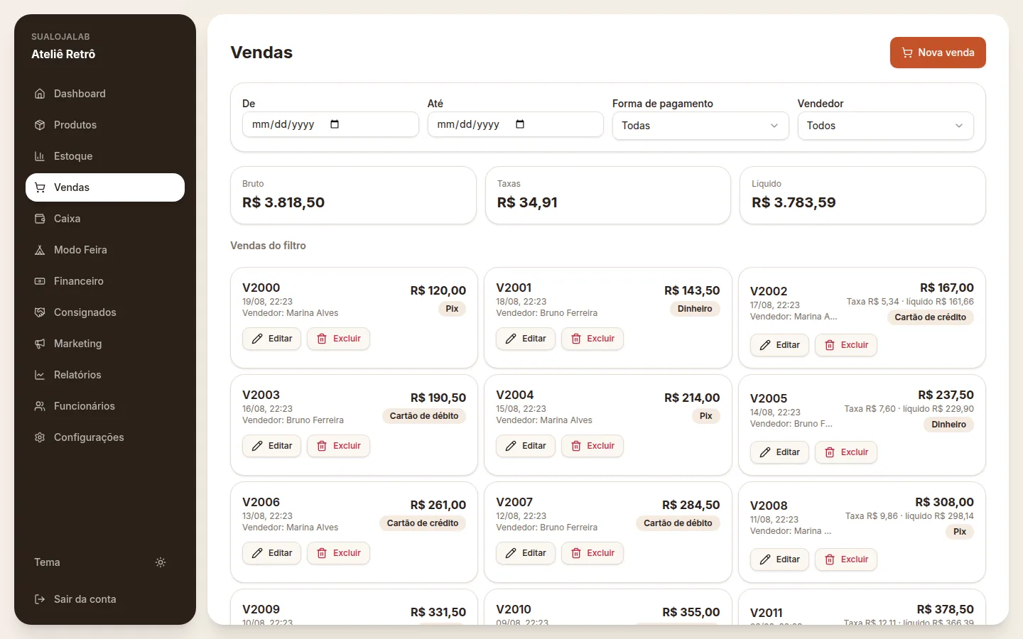 Tela de Vendas da SualojaLab com o histórico de vendas do dia e valores líquidos